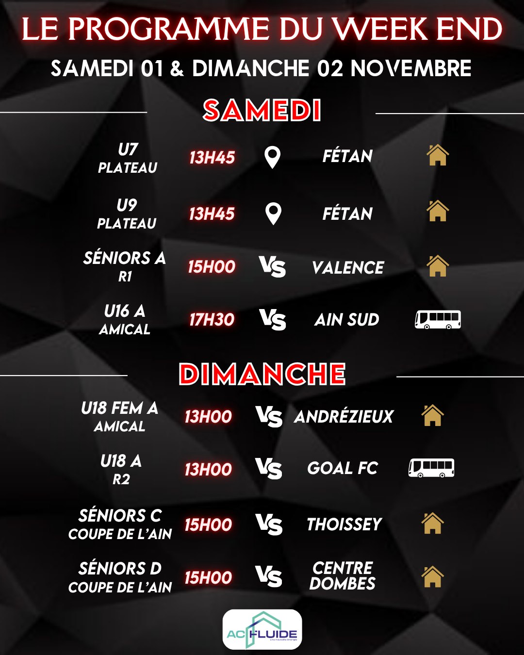 Programme des matchs de l'ASMT pour le week-end du 01 et 02 novembre, championnat de football
