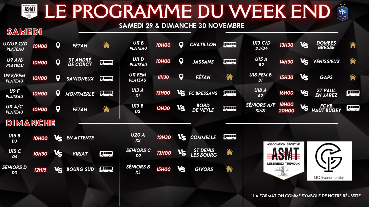 Programme des matchs de l'ASMT pour le week-end du 29 et 30 novembre, championnat de football