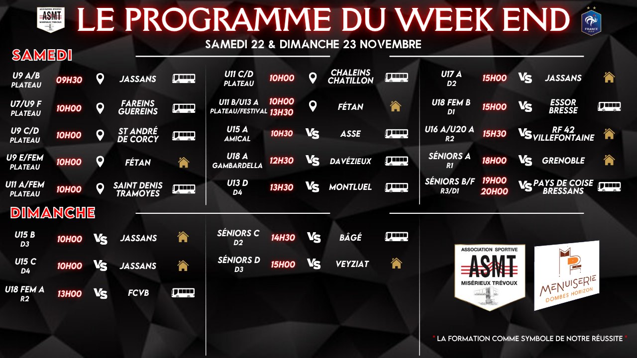 Programme des matchs de l'ASMT pour le week-end du 22 et 23 novembre, championnat de football
