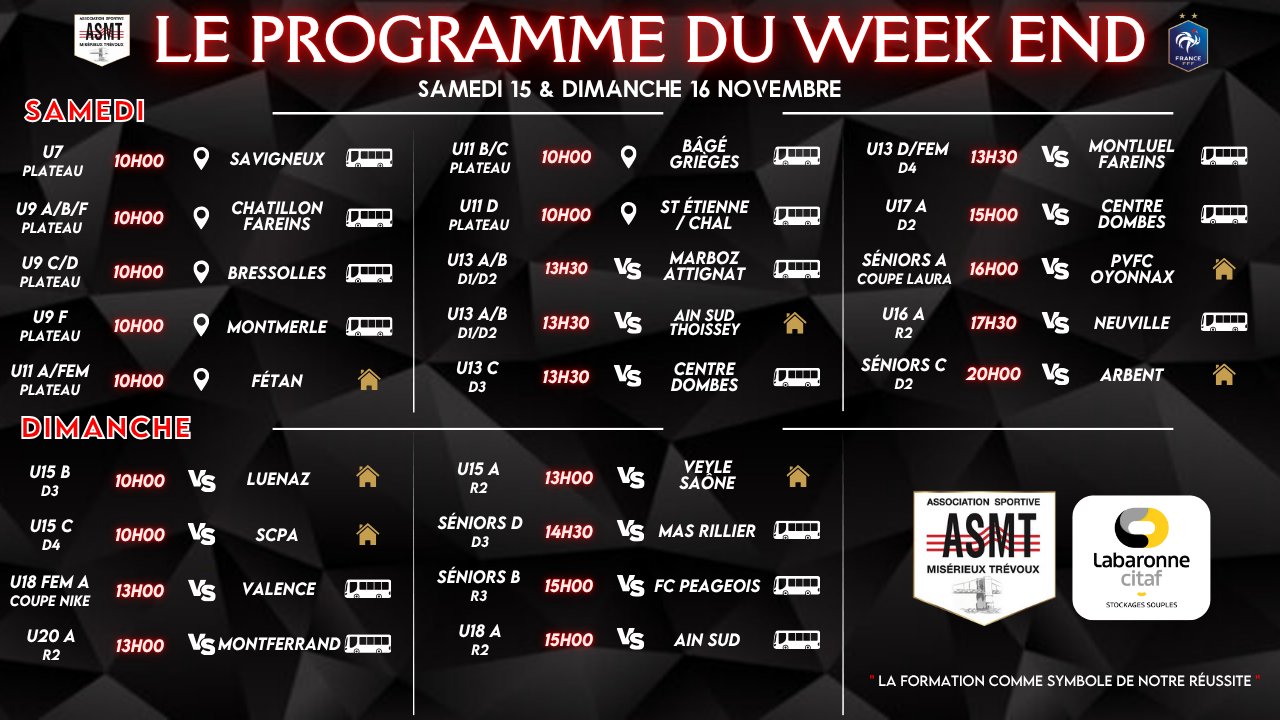 Programme des matchs de l'ASMT pour le week-end du 15 et 16 novembre, championnat de football
