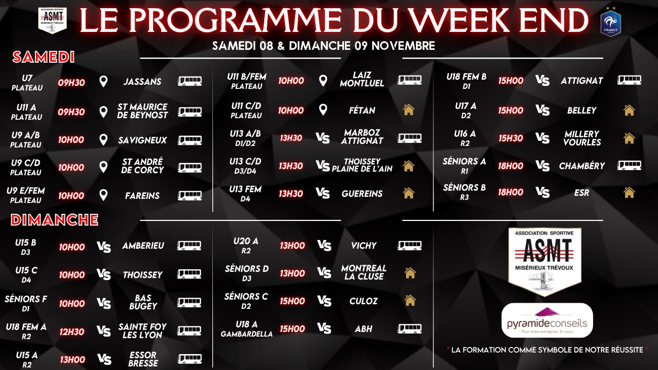 Programme des matchs de l'ASMT pour le week-end du 08 et 09 novembre, championnat de football