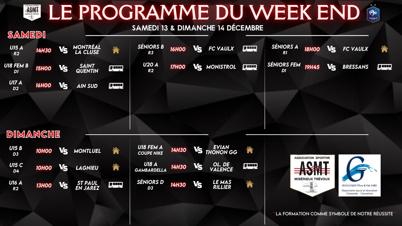 Programme des matchs de l'ASMT pour le week-end du 13 et 14 decembre, championnat de football
