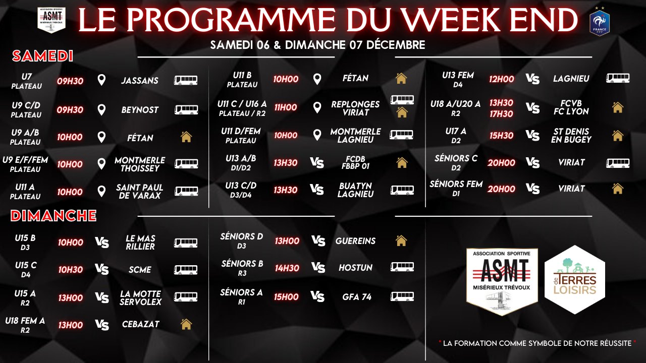 Programme des matchs de l'ASMT pour le week-end du 6 et 7 decembre, championnat de football