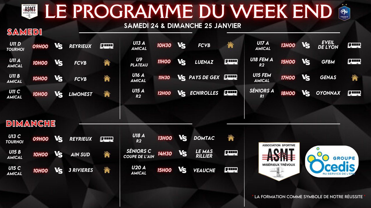 Programme des matchs de l'ASMT pour le week-end du 24 et 25 janvier, championnat de football