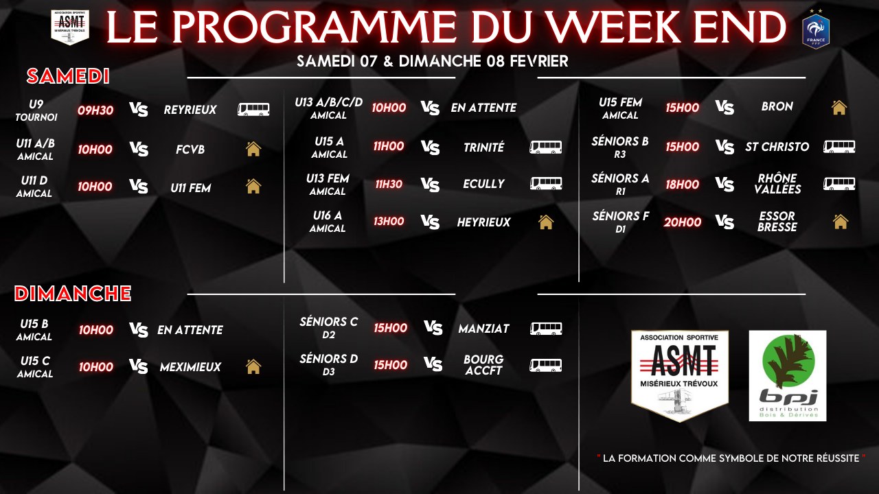 Programme des matchs de l'ASMT pour le week-end du 7 et 8 fevrier, championnat de football
