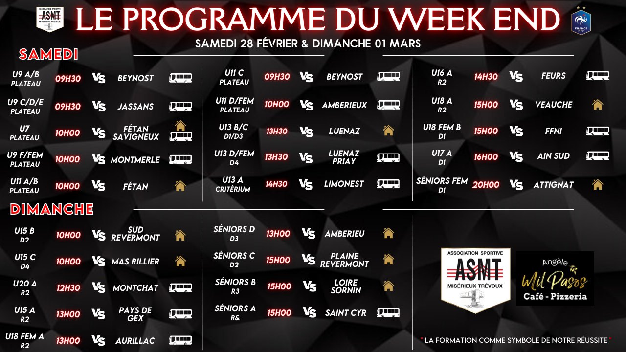 Programme des matchs de l'ASMT pour le week-end du 28 fevrier et 1er mars, championnat de football