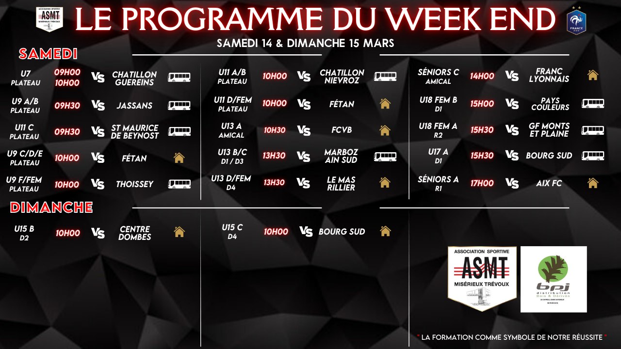 Programme des matchs de l'ASMT pour le week-end du 14 et 15 mars, championnat de football