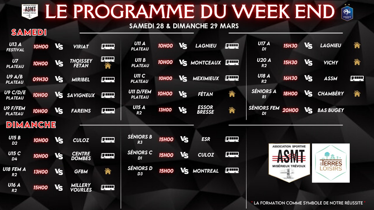 Programme des matchs de l'ASMT pour le week-end du 28 et 29 mars, championnat de football