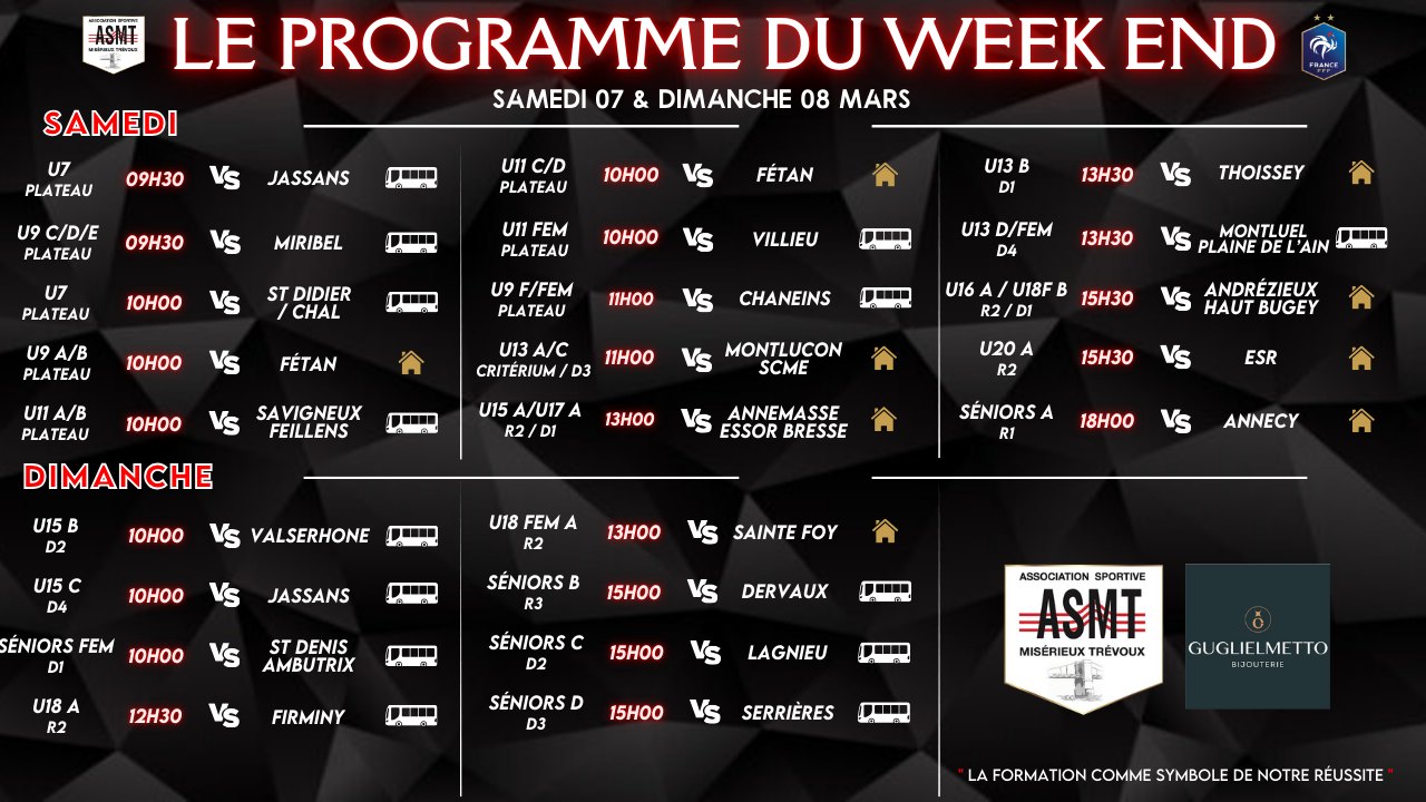 Programme des matchs de l'ASMT pour le week-end du 7 et 8 mars, championnat de football