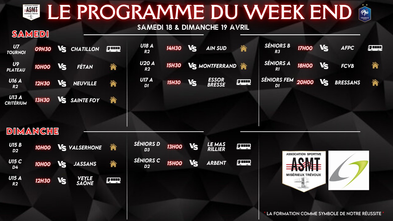 Programme des matchs de l'ASMT pour le week-end du 18 et 19 avril, championnat de football