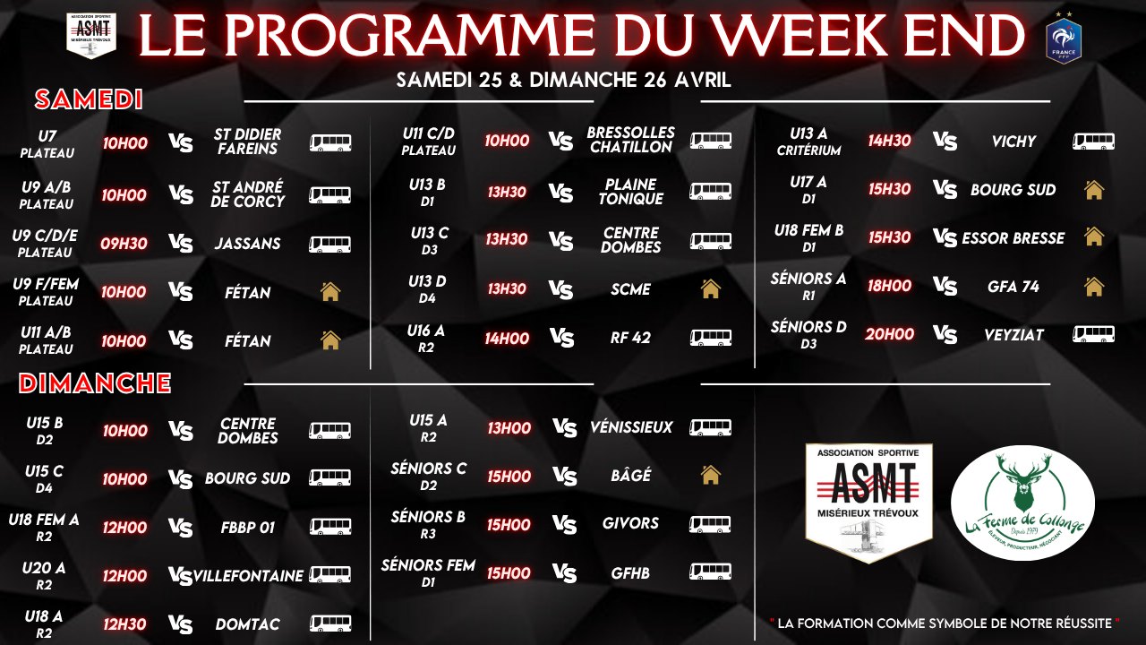 Programme des matchs de l'ASMT pour le week-end du 25 et 26 avril, championnat de football