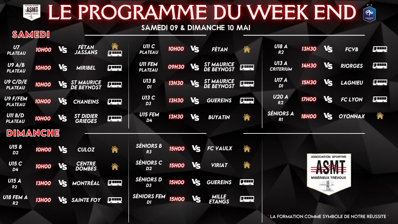 Programme des matchs de l'ASMT pour le week-end du 9 et 10 mai, championnat de football