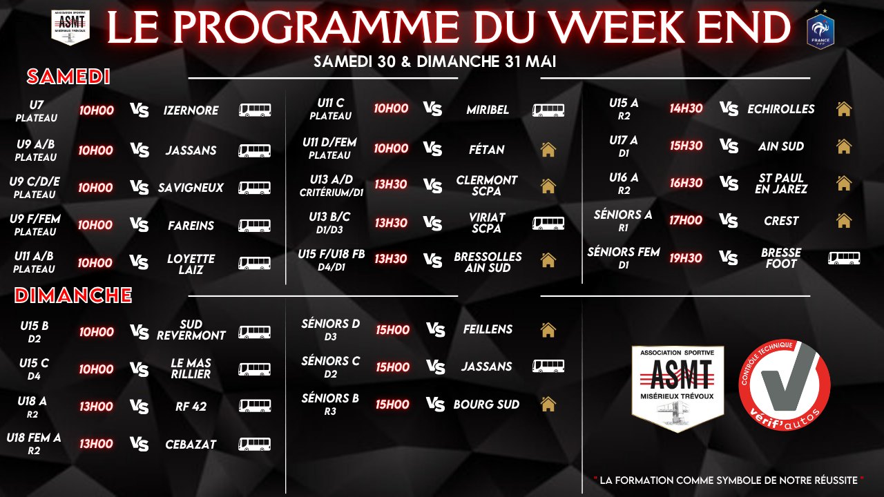 Programme des matchs de l'ASMT pour le week-end du 30 et 31 mai, championnat de football