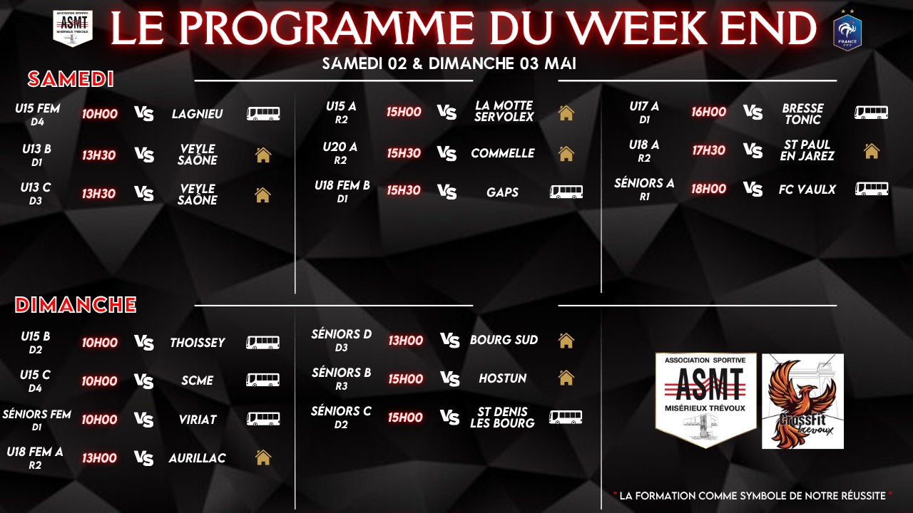 Programme des matchs de l'ASMT pour le week-end du 2 et 3 mai, championnat de football