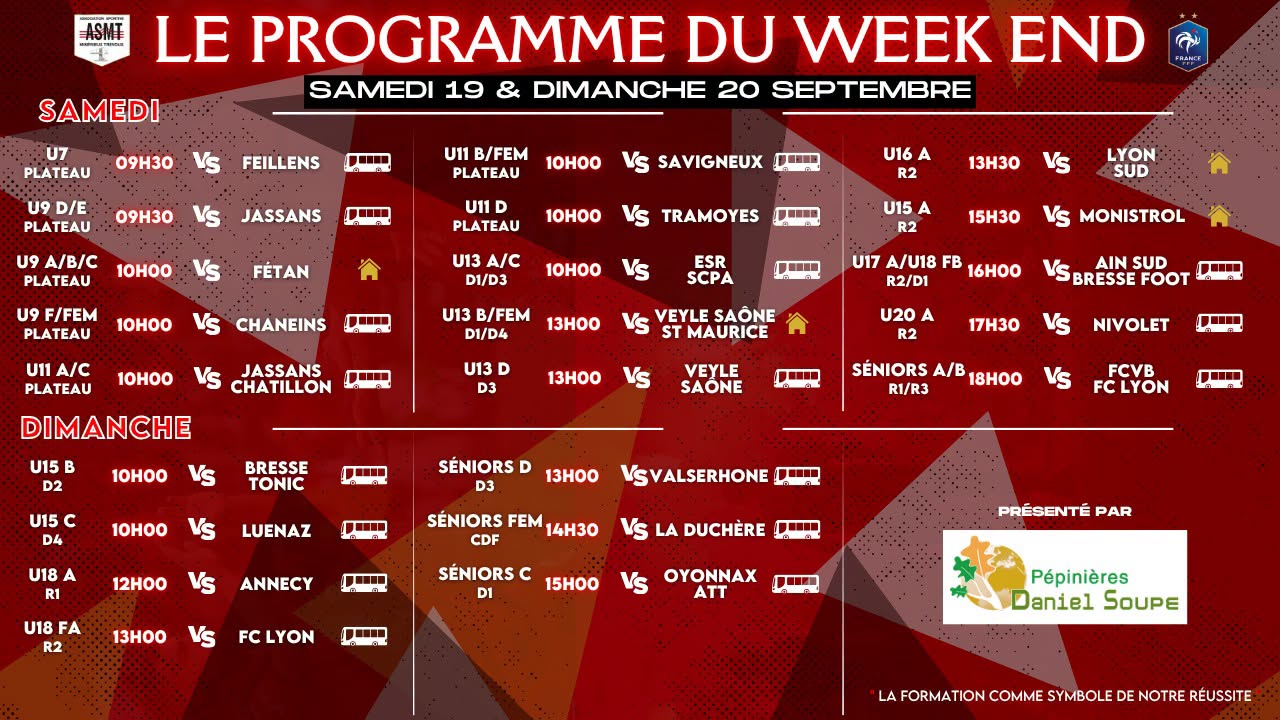 Programme des matchs de l'ASMT pour le week-end du 19 et 20 septembre, championnat de football