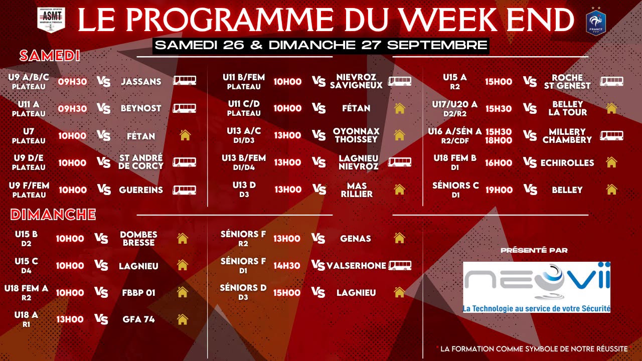 Programme des matchs de l'ASMT pour le week-end du 26 et 27 septembre, championnat de football