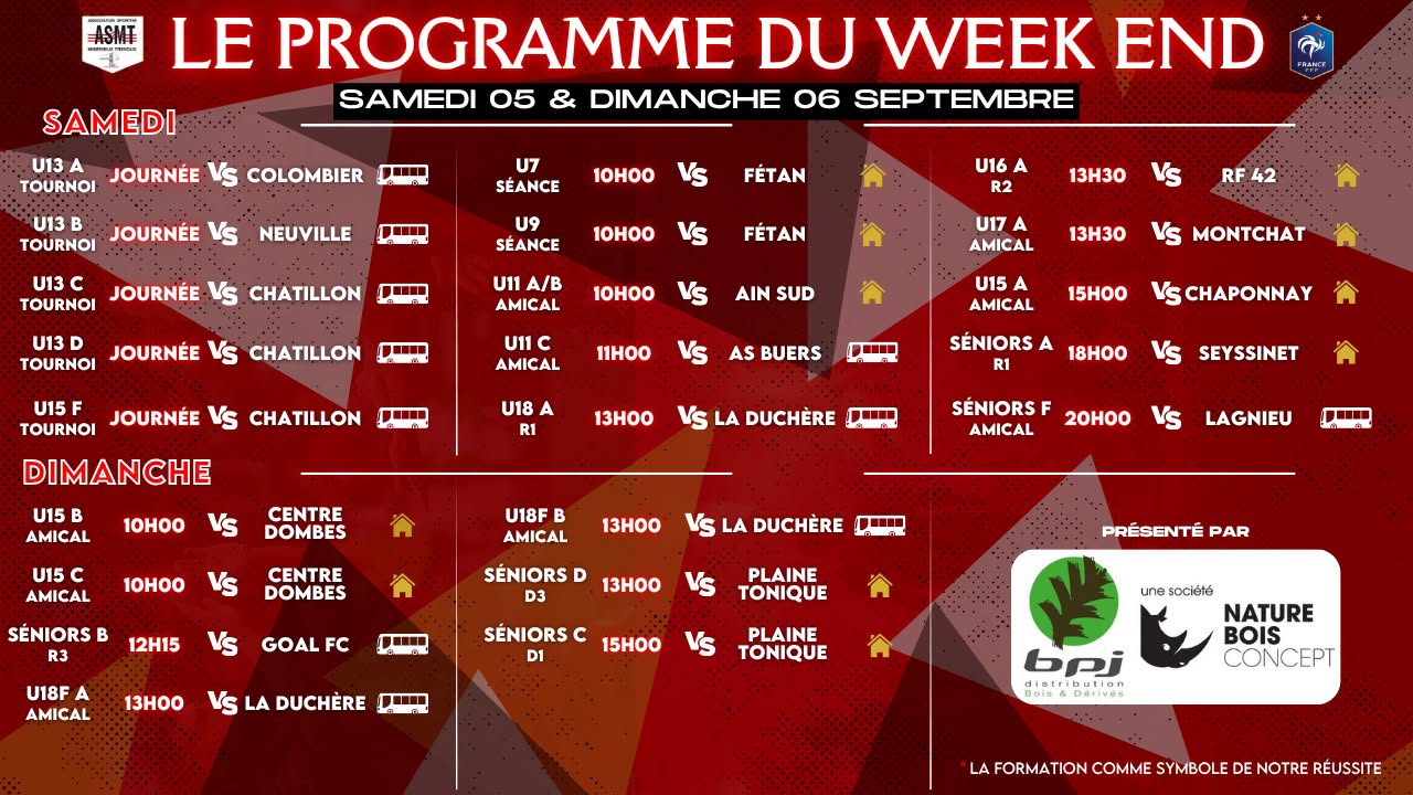 Programme des matchs de l'ASMT pour le week-end du 5 et 6 septembre, championnat de football