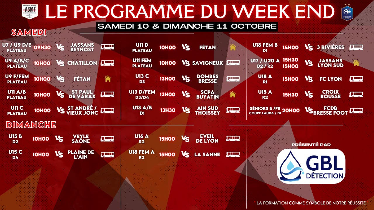 Programme des matchs de l'ASMT pour le week-end du 10 et 11 octobre, championnat de football