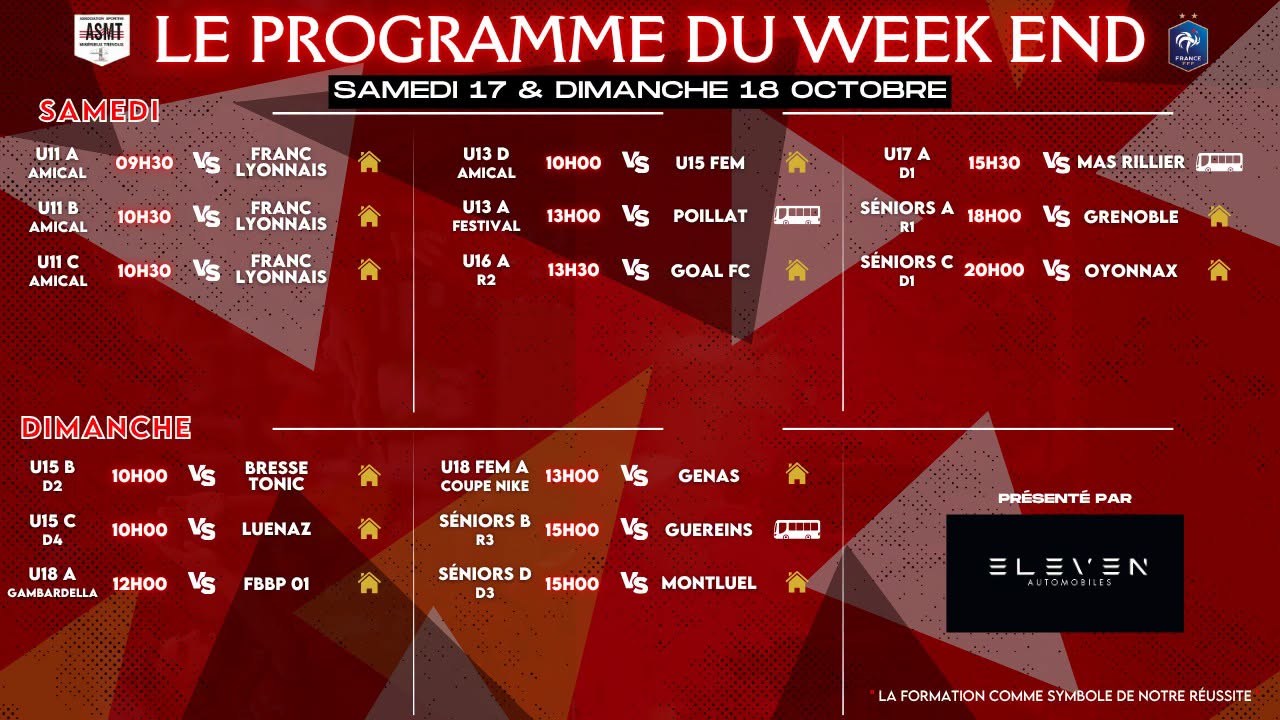 Programme des matchs de l'ASMT pour le week-end du 17 et 18 octobre, championnat de football