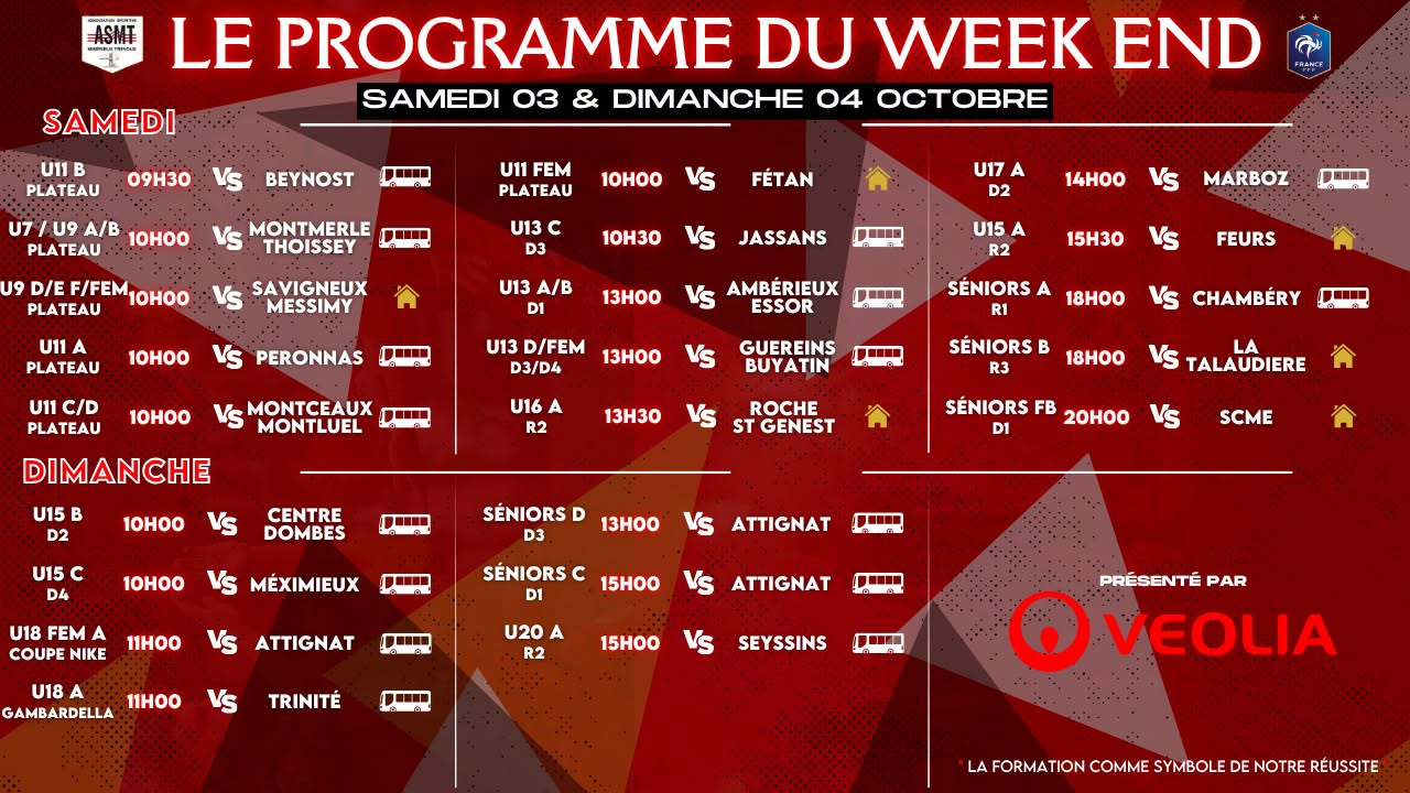 Programme des matchs de l'ASMT pour le week-end du 3 et 4 octobre, championnat de football